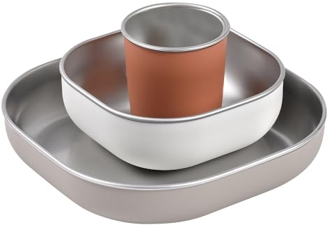 Béaba Juego de Comida Bebé de Acero Inoxidable, 3 Piezas, Vaso y 2 Platos, Apto para Microondas y Lavavajillas, Sano y Resistente, Ligero, Irrompible, Antideslizante con Tapa de Silicona, Terracotta
