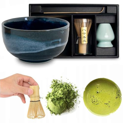 Matcha Set 4 tlg. Original japanische Schale mit Besen & Löffel Edo Japan Geschenkverpackung mit Matcha Besen Chasen , Matchabesen ,Matchabesen Halter ,Matcha Bambuslöffel Chashaku (Blue Izayoi)