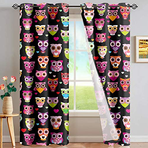 Verdunkelungsvorhänge mit Cartoon-Eulen-Muster, für Schlafzimmerfenster, 213,4 cm lang, lichtfilternde Vorhänge für Wohnzimmer und Kinderzimmer, niedliches Eulen-Design, Geräuschreduzierung,