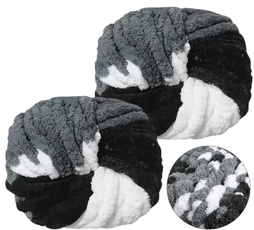 Dicke Wolle zum Häkeln 250gx2, Chunky Yarn Wolle Schwarz Weiß Grau, Super Soft Chunky Wolle, Dicke Wolle zum Handstricken, Armstricken Wolle Flauschig zum Häkeln Decke, Schals, Mützen, Zierkissen