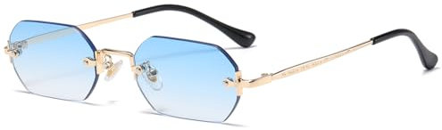 RUNHUIS Retro Randlose Rechteckige Sonnenbrille für Damen Herren Vintage Hexagon getönte Gläser (Gold/Hellblau Farbverlauf)