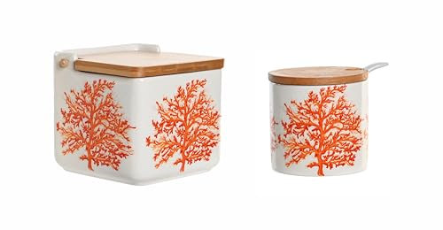 MAGMAHOME Saliera e zuccheriera da cucina moderna - Set in ceramica con coperchio in bambù - Corallo rosso - 14 x 12,5 x 12 cm - 750 ml