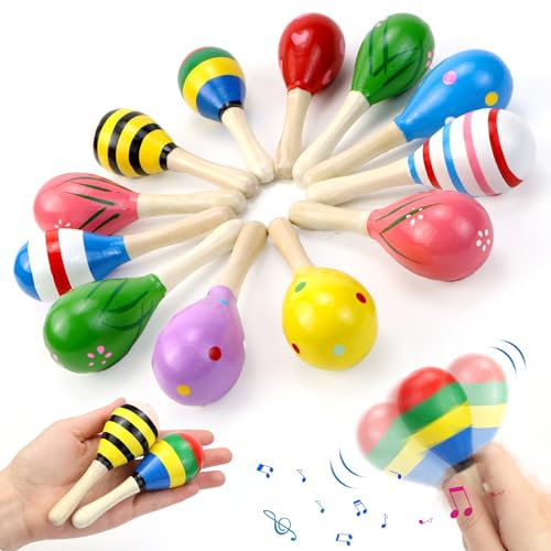 Jeinbuil 12 Stück Maracas Rassel Holzrassel Baby Rasseln Aus Holz für Kinder, Partys und Schulen,Kinder Party