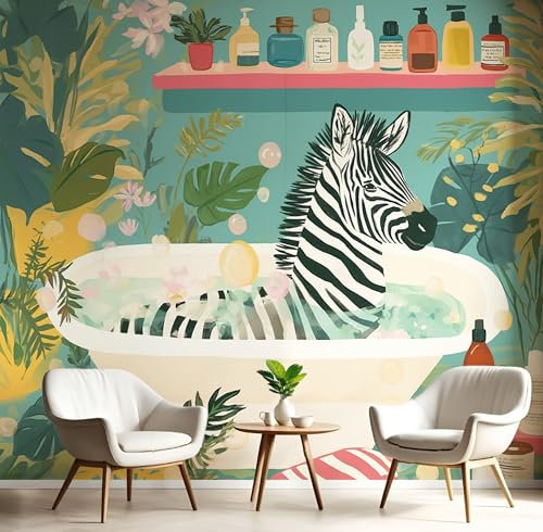 CECE&COLE Papier Peint Panoramique Plantes De La ForêT TropicaleSalle De Bain ZèBre, Papier Peint Soie Tapisserie Poster Mural pour Salon Chambre Décoration Murale