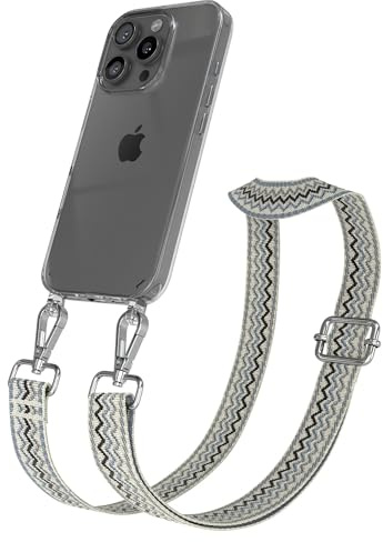 EAZY CASE Handykette - Verstellbares Taschenband kompatibel mit iPhone 16 Pro, Schulterriemen, Handykordel mit Silikon Hülle, Umhängetasche, Beige Blau Silber