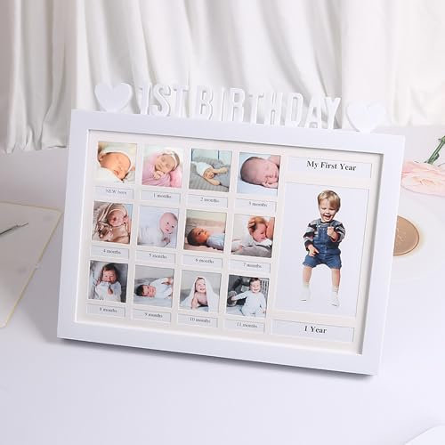 UUE 26 x 33 cm Baby Bilderrahmen Mein erstes Jahr, Bildergalerie, bilderrahmen für kinderbilder, Fotogalerie mit 12 Foto-Ausschnitten für Fotos 4X4 cm und 1 Foto 8X12.5 cm, Weiß Fotorahmen