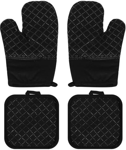 2 Pcs Oven Gloves Heat Resistant 300 °C, Oven Mitts and Pot Holders Sets, Black Double Non Slip Baking Gloves for Kitchen Grilling Cooking Gloves, with 2 Pcs Potholders