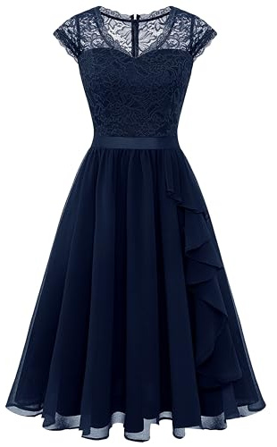 WedTrend Women's V-Neck Wedding Guest Dresses Floral Lace Cocktail Party Swing Dress WT0212NavyM
