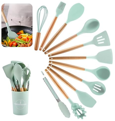 Küchenhelfer Set, 12 Stück Antihaft Hitzebeständiger Holzgriff Kochbesteck mit Utensilienhalter, Holzgriff-Küchenhelfer Silikon Küchenhelfer Kochutensilien Kochgeschirr Spülmaschinengeeignet(Hellgrün)