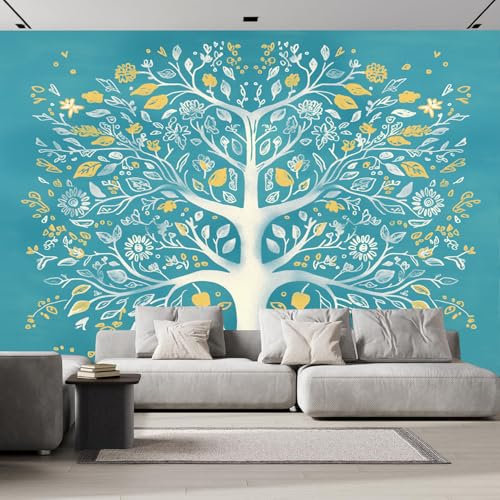 DLERFLOVR Papier Peint Panoramique Arbre De La Vie 450x315cm - Décoration murale Fond Turquoise – Tapisserie Murales pour Chambre Salon Bureau