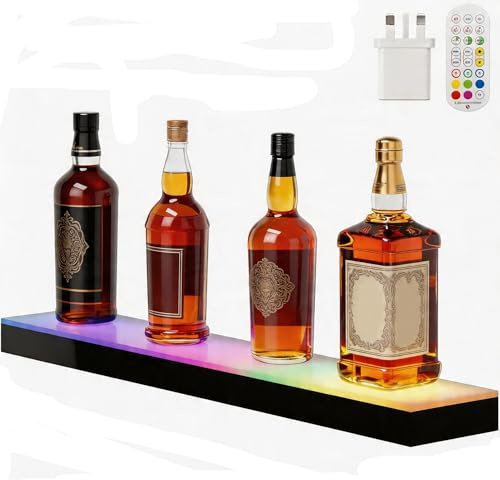 Acryvic LED Lighted Liquor Bottle Display Shelf, 1-Tier 23.6 USB Illuminated Bottle Display Whiskey Rack Stand Holder, Home Bar Drinks Acrylic Lighting Shelves with RF Remote