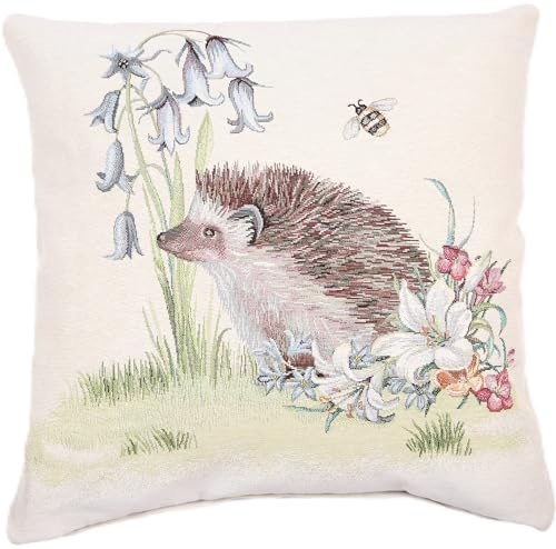Kissenhülle 45x45 cm aus Gobelin – Igel und Glöckchen, Zierkissenbezug | Dekokissen-Bezug mit verdecktem Reißverschluss, beidseitig gewebt, waschbar 30 °C – für Sofa, Sessel & Bett