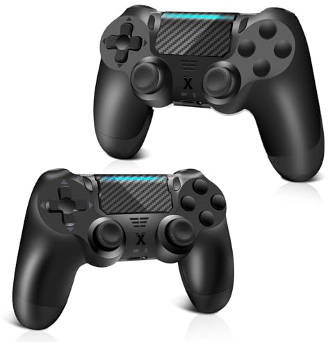 Glitfix Mando para PS4, Mando Inalámbrico con Luces para PS4/Pro/Slim/PC, Duobla vibrado/tuŝa panelo /3.5 mm Audio -socket/ses -jara akso /1000mAh reŝargebla baterio(Black+Black)
