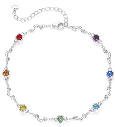 AOBOCO Bracelet de Cheville pour Femme Argent Sterling 925 Bracelet de Cheville en Perles avec Cristaux Colorés (Lune)