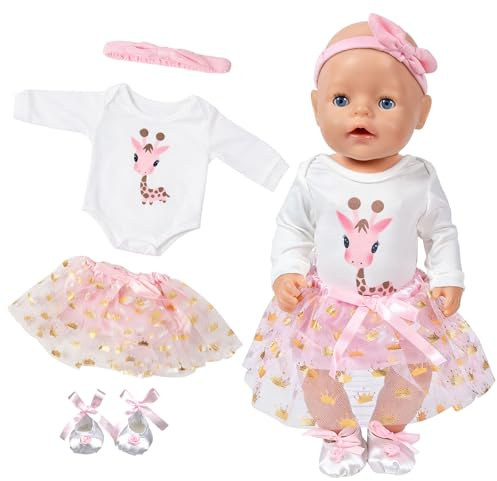 4 Stück Puppenkleidung Tutu Kompatibel mit Newborn Baby 36-43 cm Puppen | Puppenkleid mit Tüll und Krone mit Giraffen Print Ballett Schuhe Schmetterling Stirnband Tüllrock für 14-18 Zoll Puppen