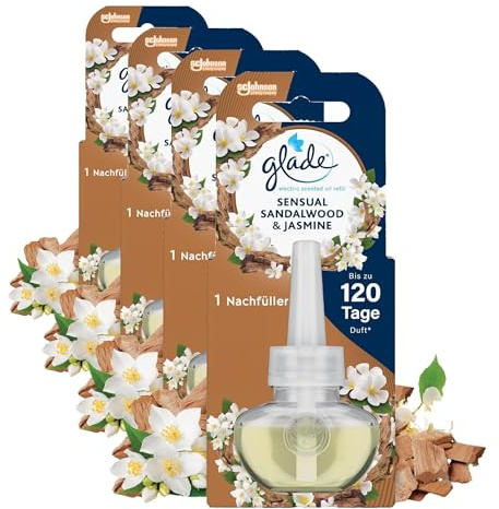 Glade electric scented oil Nachfüller, elektrischer Raumduft mit Duftöl, Sensual Sandalwood & Jasmine, 4er Pack (1 x 20 ml)
