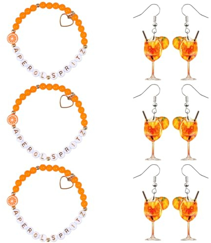 GYIOFAI Aperol Spritz Geschenkset Orange Aperol Geschenk für Frauen, 3x Aperol Armbänder 3 Paar Ohrringe Weinglas, Aperol Spray Kostüm Accessoires Perfekt als Aperol Geschenke für Karneval Partys
