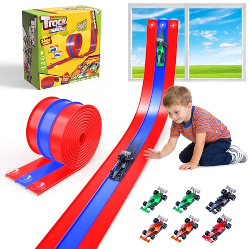 Autorennbahn 5M, Flexible Autorennbahn Kinder, Rollt Auf Tragbare Drei Rennstrecke, Rennbahn Kinder mit 6 Autos 4 Feste Halterungen 14 Saugnäpfe, Geschenke für Jungen und Mädchen 3 4 5 6 7+ Jahre