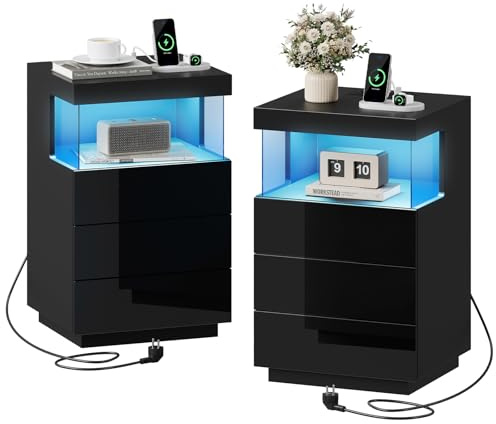 Dripex Nachttisch 2er Set mit Steckdose, 3 Schubladen LED Beistelltisch Ladestation Schwarz