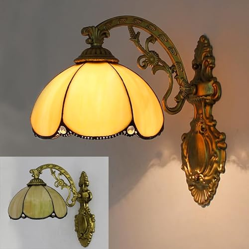 XINYASEE Tiffany-Wandlampe, Wandlampe aus Buntglas, Bronzesockel, Lampenschirm im Vintage-Blumen-/Muscheldesign, dekorative Leuchte für Schlafzimmer, Flure und Bars. (Gelb)