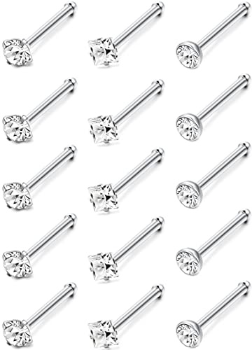 Roheafer 15 Stück Nasenpiercing Stecker Edelstahl 18G 20G | Nasenstecker Set L-Form/Korkenzieher/Gerade, Hypoallergener Nostril Piercing mit Zirkonia für Damen, Nasenstecker Schmuck