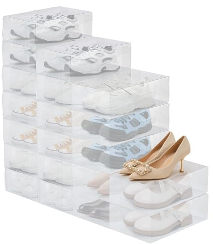 BREEZENEST Stackable Shoe Storage Boxes with Lids, Clear Plastic Boot & Shoe Boxes Organiser for Wardrobe Storage, Durable Closet Shoe Organiser System for Trainers, Boots (20PCS)