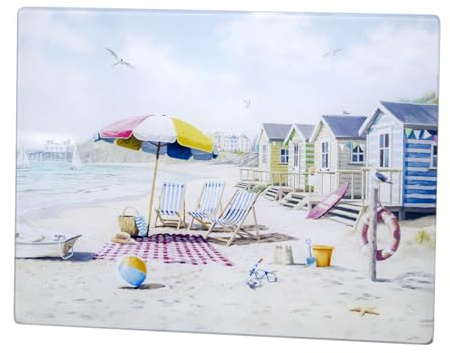 Sandy Beach Glass Worktop Saver, Multicoloured, Toughened Glass, 40x30cm, Heat Resistant, Coastal Beach Hut Design