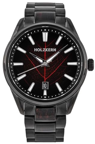 HOLZKERN Herrenuhr Automatik Era X Lorbeerblatt/Geflammte Walnuss | ausgefallene Armbanduhr für Männer, Armband aus Edelstahl,