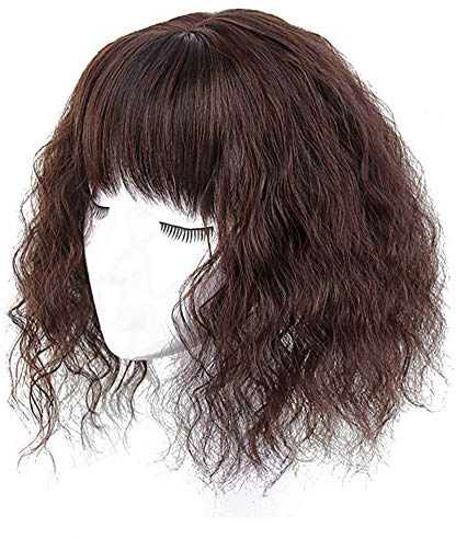 Lockige Kunsthaar-Kronenaufsätze mit Pony für Frauen mit dünner werdendem Haar, 35,6 cm Clip-in-Haarteile, natürliches Schwarz, dicker Stil