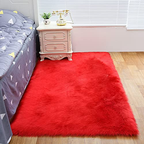 ZFHTAO Faux Schaffell Teppich Lammfell Weichem Kunstfell Dekofell Lammfellimitat Teppich Longhair Fell Optik Gemütliches Bequeme Zone Teppich Verschiedene Größen - Rot 60x120cm