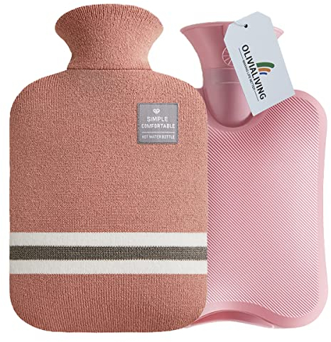 OliviaLiving Wärmflasche mit klassisch gestreiftem Bezug, 2L Wärmbeutel für Menstruationskrämpfe, Nacken- und Schulterschmerzlinderung, Wärme- und Kältetherapien, Handfußwärmer (Orange Pink)