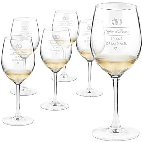 Maverton 6 Verres à Vin en Cristal - Verres Personnalisés 350 ml - Cadeau Couple - Cadeau Personnalisé - amis - parents - anniversaire - noces - 10 ans de mariage - mariage