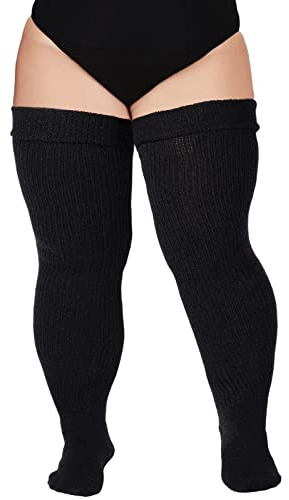 Moon Wood Women Plus Size Thigh High Socks Extra Long Striped Thick Over the Knee Socks Leg Warmer Boot Stockings Black