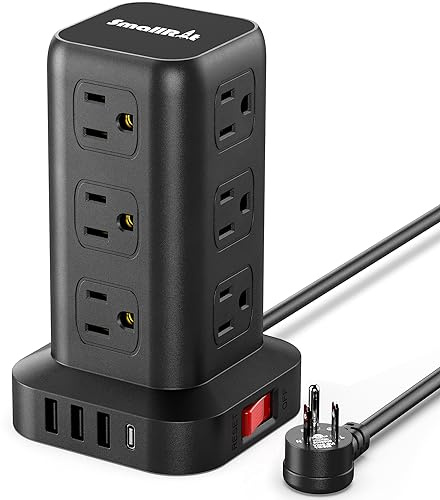 Extension Cord with Multiple Outlets, SMALLRT Power Strip Tower, Outlet Extender with 12 AC Outlets 4 USB, 6.5FT Extension Cord for Home Dorm Room, Office Supplies,Overload Protection