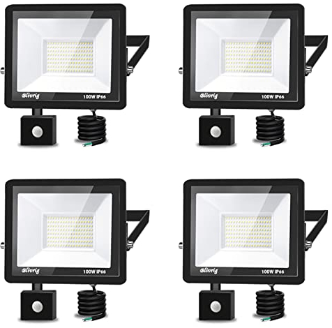 Blivrig Foco led con Sensor de Movimiento, 100W Focos LED,Proyector Led Exterior Super Brillante Foco LED Detector IP66 Impermeable para Jardín, Patio, Garaje (Blanco cálido, 100W-4PCS)