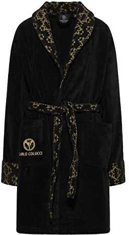 Carlo Colucci Premium-Bademantel Raffaele für Damen aus weicher nachhaltiger Baumwolle mit aufwendigen Details, Farbe:Schwarz und Gold, Größe:XL