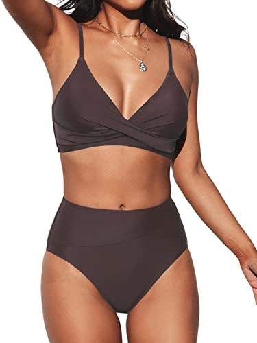 CUPSHE Damen Bikini Set Crossover High Waist Bikini Bademode Wickel V Ausschnitt Raffungen Zweiteiliger Badeanzug Swimsuit Braun L