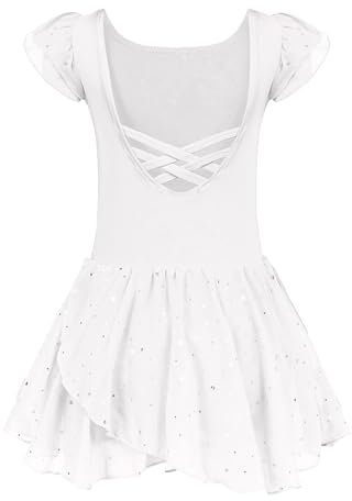 Arshiner Mädchen Ballettkleidung Ballettkleid für Kinder Kurzarm Balletttrikot Rundhals Tanzkleid Tanzbody mit Rock Tütü Tanzkleidung Weiß 5-6 Jjahre