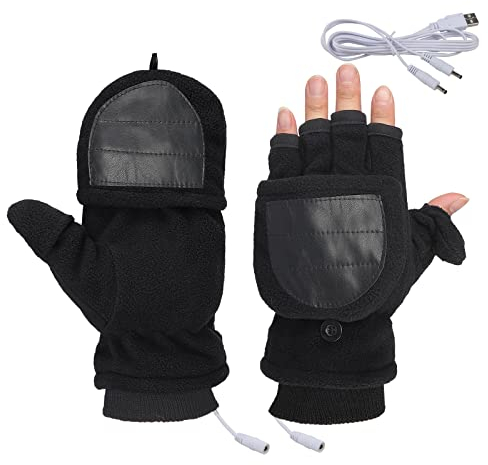 USB Heated Gloves Mitten for Women Men Washable Double Sided Electric Heating Thermal Gloves Unisex Convertible Fingerless Gloves Winter Warm Laptop Gloves for Gaming Typing Cycling Hiking Hand Warmer