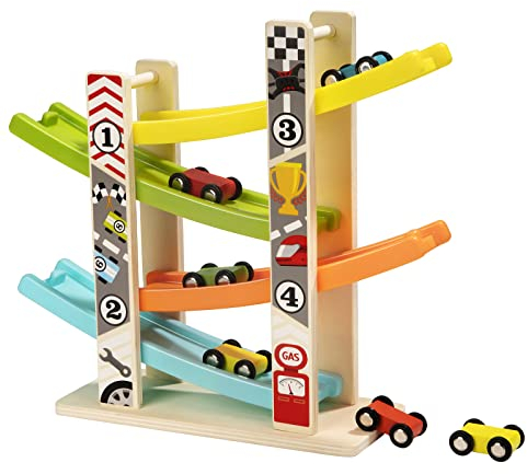 Jouet Rampe de Voiture en Bois, Piste de Course en Bois avec 6 Mini Voitures, Circuit Rampe Voiture Educatif Jouet pour Enfant Garçons Filles Cadeaux d'anniversaire