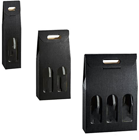 MAQA 3 pz Scatola portabottiglie H 38.5 cm, Scatola cartone porta bottiglie per 1-2-3 bottiglie nero, sacchetti porta bottiglie 1 Bottiglia