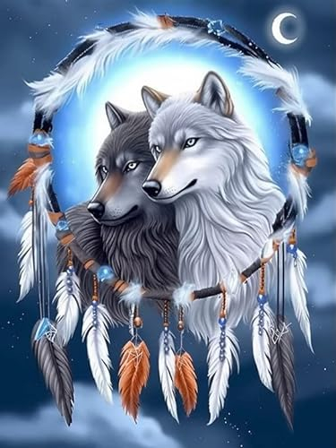 Pavemlo Diamond Painting Set Zubehör Tier Wolf, 5D Diamant Stickerei Malerei Kits Traumfänger, Full Drill Kristall Set Strass Stickerei Bilder DIY Diamant Malerei für House Wall Dekoration 30X40 cm