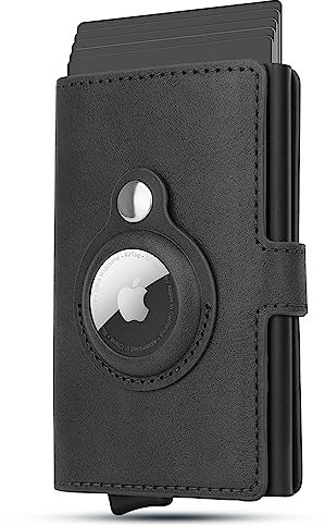 Porta carte di credito AirTag Wallet per uomo, porta carte di credito in pelle con blocco RFID Pop Up Porta carte bancarie in metallo(Nero)