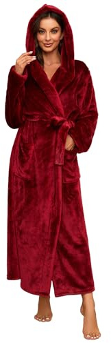 HEARTNICE Bademantel Damen mit Kapuze Langer Plüsch Verdickter Weicher Warmer Fleece Morgenmantel Voll Länge Hausmantel (Burgunderrot, L/XL)