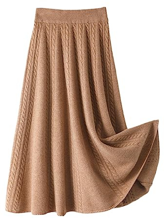 Bollrllr 100% Merino Wolle Hohe Taille Strickrock Frauen 2023 Herbst Mode Plissee Lange Rock, Goldenes Khaki9, 52