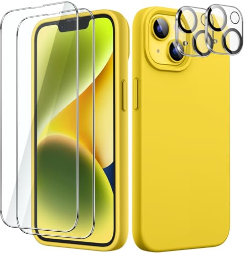 JETech 5 in 1 Silicone Case for iPhone 14 Plus 6.7-Inch, with 2-Pack Screen Protector and 2-Pack Camera Lens Protector, Full Coverage Tempered Glass Film, Shockproof Phone Cover (Yellow)