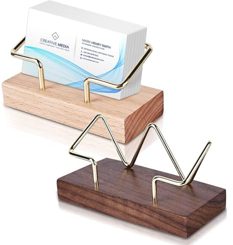 Lot de 2 porte-cartes de visite en bois de noyer et laiton - Accessoire Bureau, Pour magasin, stand d'exposition