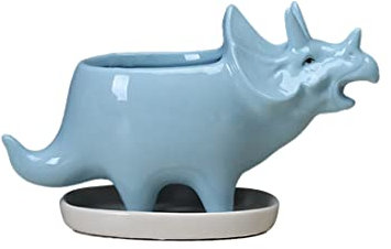 Pot de fleurs d'intérieur, pots de fleurs, pots de fleurs succulentes, pot de fleurs dinosaures avec plateau mignon en céramique, tricératops, animal, fleur bleue, cactus