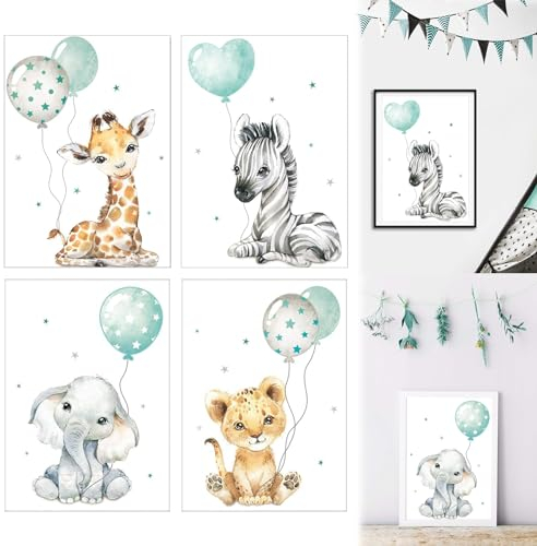 Cutiolly Poster Kinderzimmer,4er Set Bilder Babyzimmer,Deko Bilder Kinderzimmer,Bilder Kinderzimmer Mädchen und Jungen,Babyzimmer Deko,Wanddeko Kinderzimmer,Tierbilder Kinderzimmer