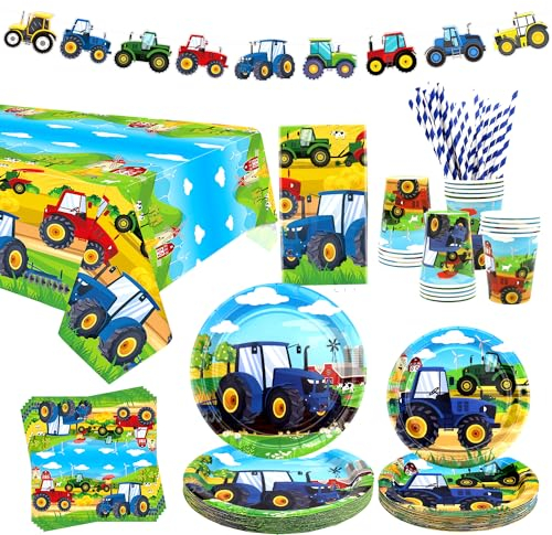 Traktor Party Geschirr - Bauernhof Traktor Party Lieferungen, blaue Traktor Platten Tassen Servietten Bauernhof Traktor Tischdecke Traktor Muster Banner für Bauernhof Traktor Dekoration, serviert 20